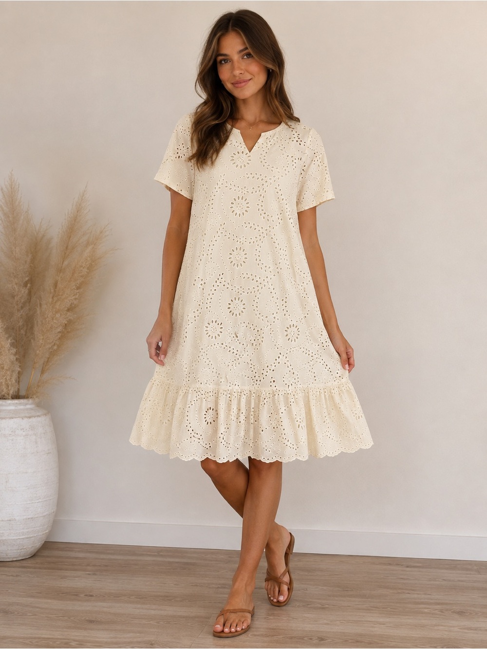 NWT Ebossy Cream Eyelet Embroidered Midi Dress Size Small Lined Cottagecore